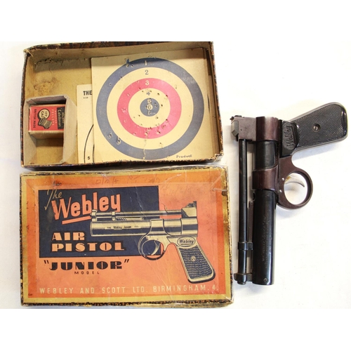 180 - Boxed Webley Junior .177 over lever air pistol SN:604 with original targets and pellets