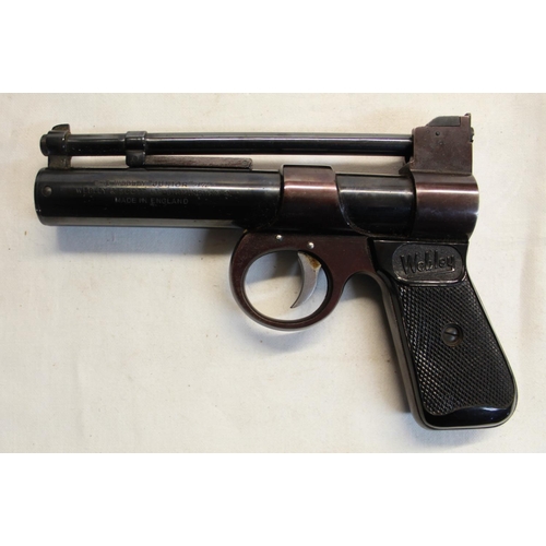 180 - Boxed Webley Junior .177 over lever air pistol SN:604 with original targets and pellets