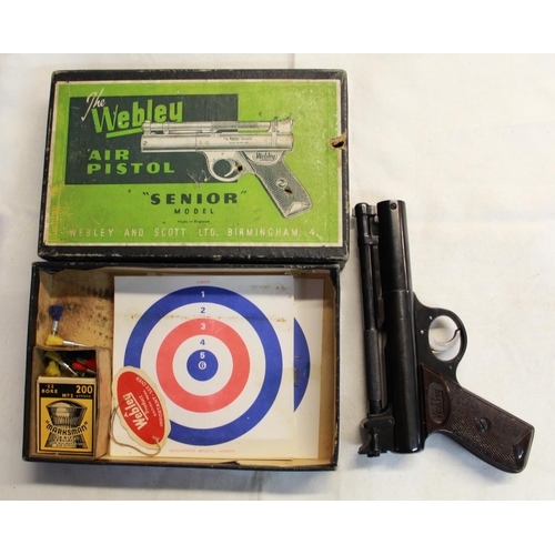 181 - Boxed Webley Senior .22 over lever air pistol SN:811 2.4lb ft with original targets, pellets, darts