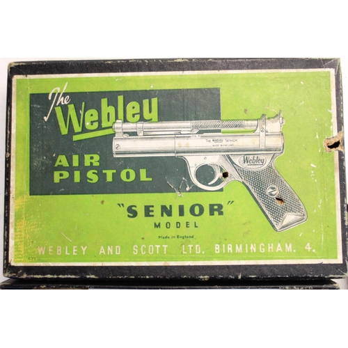 181 - Boxed Webley Senior .22 over lever air pistol SN:811 2.4lb ft with original targets, pellets, darts