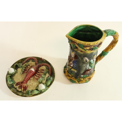 586 - Palissy style majolica lobster/crayfish plate together with a Majolica jug (jug H20cm)