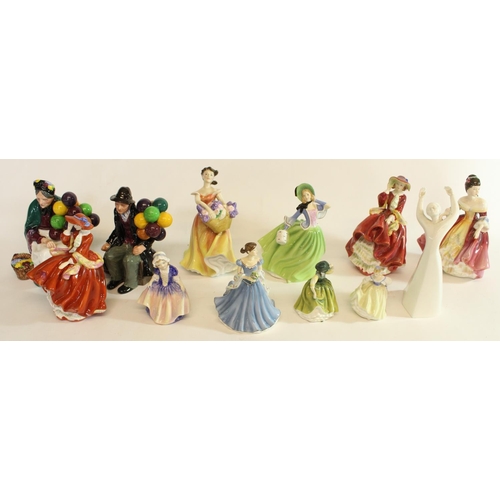 587 - Royal Doulton porcelain figures incl. Balloon Sellers, Top of the Hill, Lesley etc (12)