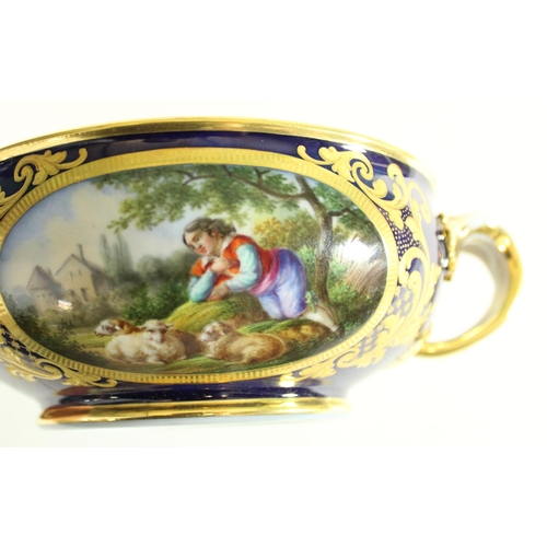 604 - C19th porcelain two handled Ecuelle bowl in the manner of Sevres, gilt decorated with scrolls on cob... 