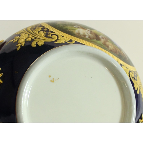 604 - C19th porcelain two handled Ecuelle bowl in the manner of Sevres, gilt decorated with scrolls on cob... 