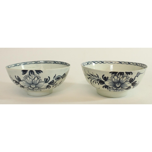 605 - Near pair of C18th English blue and white porcelain slop bowls painted in a Bird on a Branch pattern... 