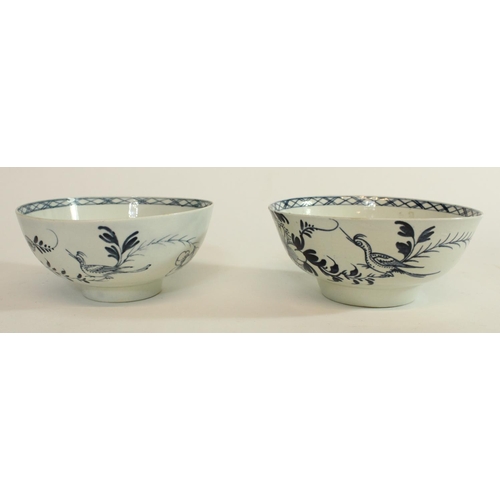 605 - Near pair of C18th English blue and white porcelain slop bowls painted in a Bird on a Branch pattern... 