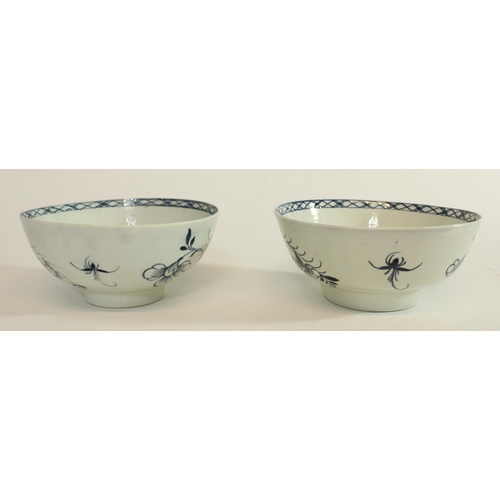 605 - Near pair of C18th English blue and white porcelain slop bowls painted in a Bird on a Branch pattern... 