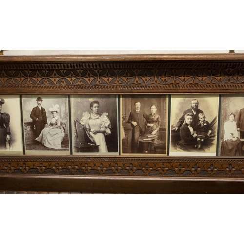 392 - Early C20th carved mahogany cabinet card frame containing five cabinet cards, carved decoration, W71... 