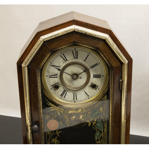 396 - Seth Thomas, C20th mahogany cased shelf clock, the inlaid case of plain form, glazed and painted pan... 