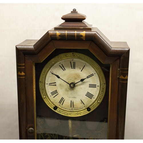 396 - Seth Thomas, C20th mahogany cased shelf clock, the inlaid case of plain form, glazed and painted pan... 