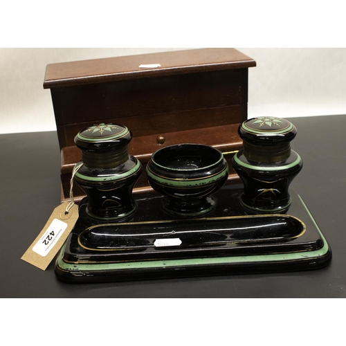 422 - Victorian onyx glass desk stand with two integrated ink wells, central recessed pen tray with painte... 