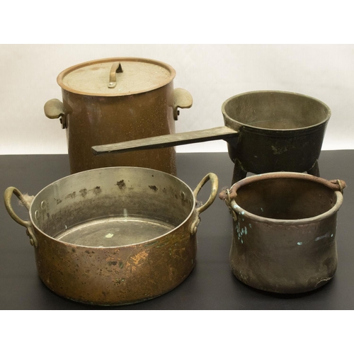 433 - C20th copper saucepan with copper riveted twin brass handles, D26.4cm, small selection of other late... 