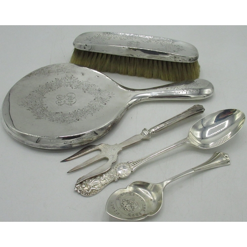74 - Geo.V hallmarked sterling silver mirror and brush set with etched floral decoration and initialled E... 