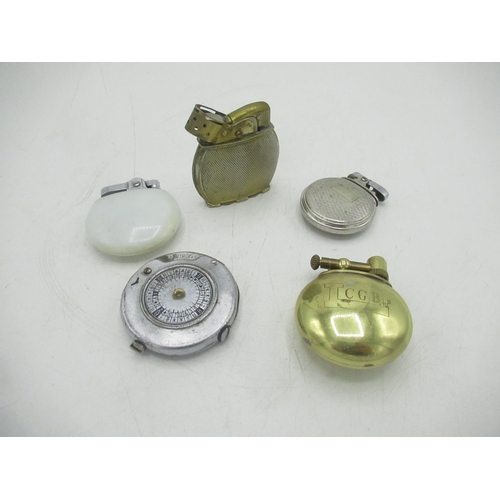 85 - Three 3/4 circle lighters, circular Prince Rotary lighter and a Evans lighter(5)