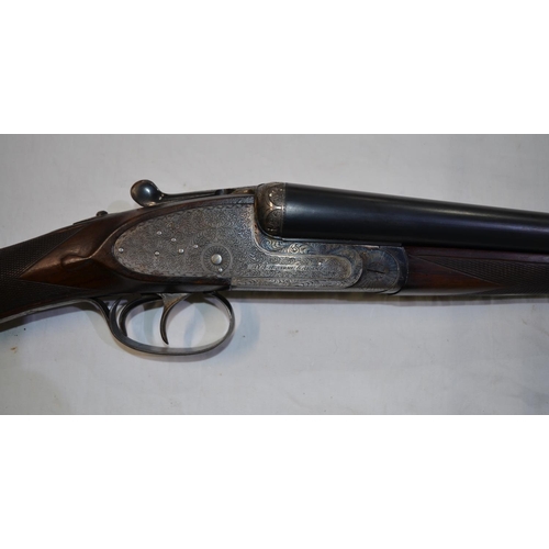 388 - An AYA No2 12 gauge side lock side by side double barrel shot gun. Double trigger, ejector. Serial N... 