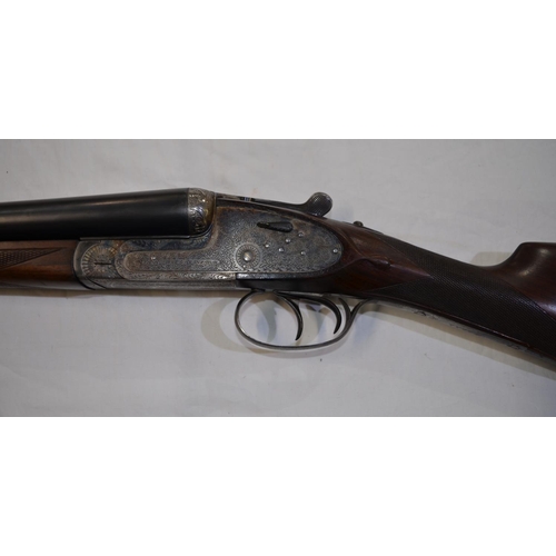 388 - An AYA No2 12 gauge side lock side by side double barrel shot gun. Double trigger, ejector. Serial N... 