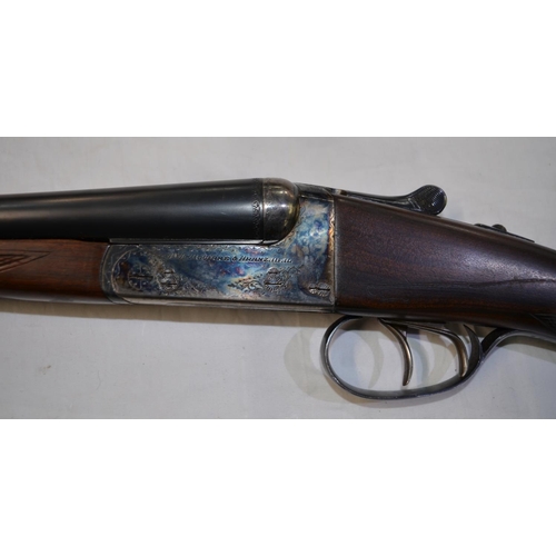 389 - A AYA 16 gauge box lock side by side double barrel shot gun. Double trigger, ejector. Serial No 3564... 