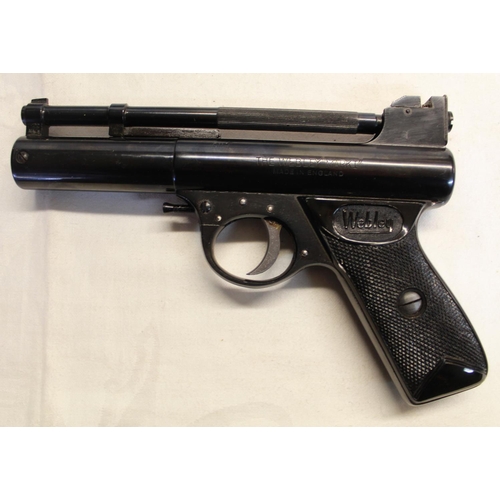 309 - Boxed Webley MK1 over lever air pistol with original pellets SN:657 2.7lb/ft