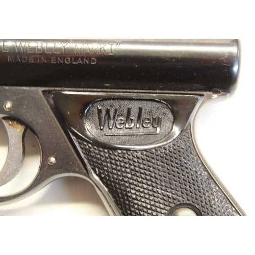 309 - Boxed Webley MK1 over lever air pistol with original pellets SN:657 2.7lb/ft