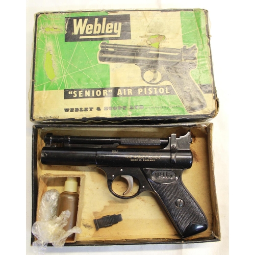 312 - Boxed Webley senior over leaver .22 air pistol SN:733 with spare pellets and a spare rear sight 1.5L... 