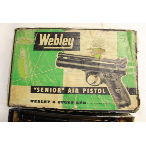 312 - Boxed Webley senior over leaver .22 air pistol SN:733 with spare pellets and a spare rear sight 1.5L... 