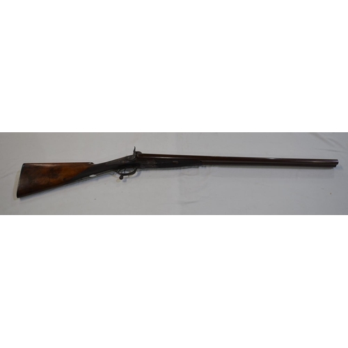 411 - c.1861 J Purdy 12B double barrelled pinfire shotgun, brown Damascus barrels with engraved action and... 