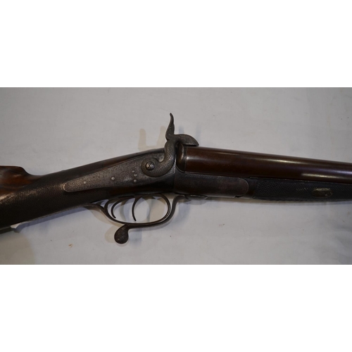 411 - c.1861 J Purdy 12B double barrelled pinfire shotgun, brown Damascus barrels with engraved action and... 