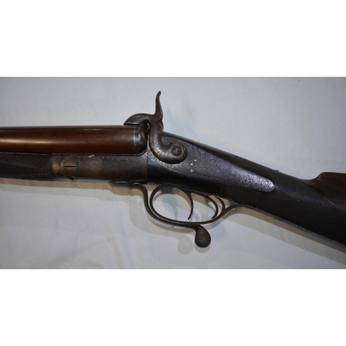 411 - c.1861 J Purdy 12B double barrelled pinfire shotgun, brown Damascus barrels with engraved action and... 