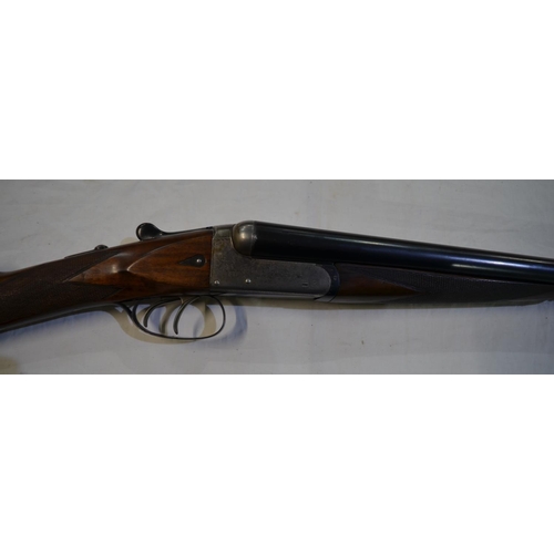 427 - Cased William Powell and Son box lock 20 gauge side by side double barrel shot gun. Double trigger e... 