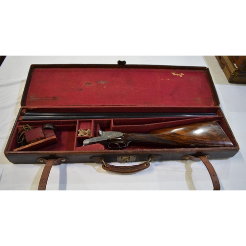 428 - Cased William Powell side lock 12 gauge side by side double barrel shot gun. Double trigger with eje... 