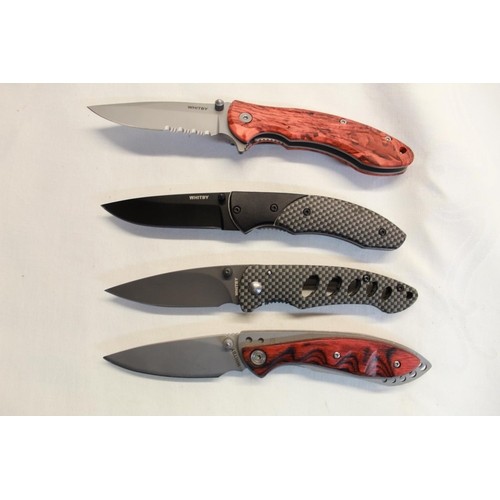 211 - Four Whitby folding knives (3 boxed), as new with various styles, colours and handle materials, 3 wi... 