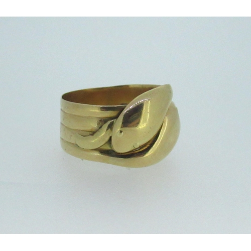 42 - 18ct yellow gold ring in the form of a snake, stamped 18, size V1/2, 8.3g