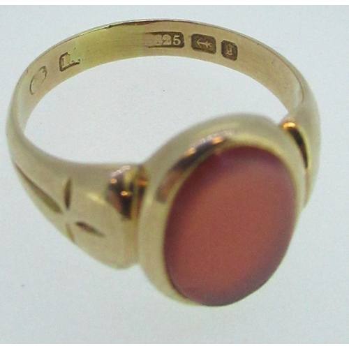 43 - 15ct yellow gold oval faced signet ring set with red stone, stamped 625, Size Q1/2, 4.7g, and a coll... 