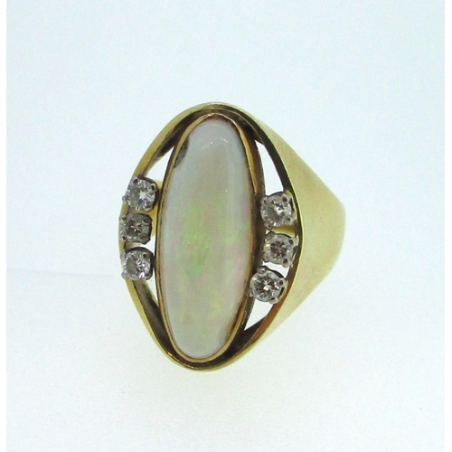 47 - 18ct yellow gold ring set with oval cut opal and six brilliant cut diamonds, stamped 750, size N1/2,... 