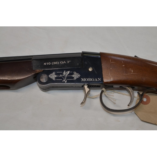 444C - A Morgan 410 single barrel shotgun, non ejector, serial no S4006. Shotgun license required.