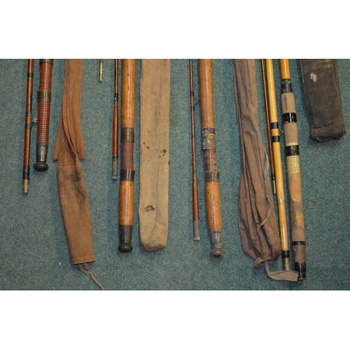 72A - 4 vintage wood fishing rods, 1 boat rod (2 piece, overall length 204cm), 2 general purpose rods (2 p... 