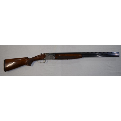 331 - An engraved Lanber 12 gauge O/U double barrelled shot gun. Serial No 178033. Barrell length 27.5'. O... 