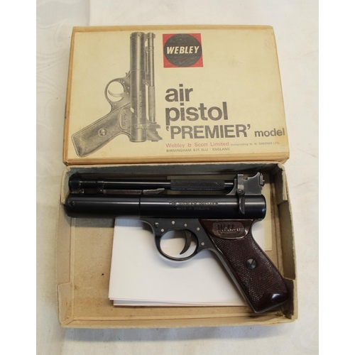 483 - Boxed Webley Premier over lever .22 air pistol SN:166 2.4lb/ft in very good condition