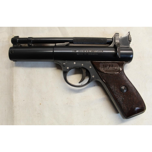 483 - Boxed Webley Premier over lever .22 air pistol SN:166 2.4lb/ft in very good condition