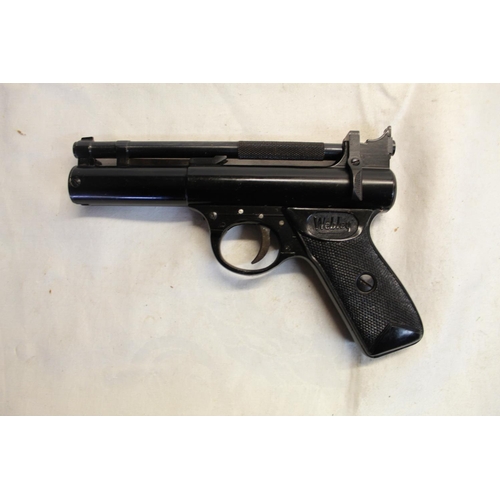 487 - Boxed Webley premier over lever .22 air pistol SN:690 2.6lb/ft with cleaning cloth