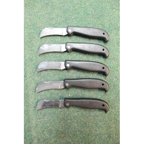 212 - Five as new Sheffield made pruning knives with plastic handles (5)