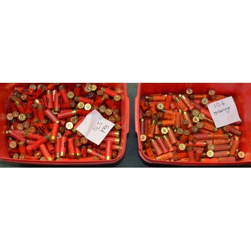 508 - A box containing 106 12 gauge orange shotgun cartridges, and a box containing 270 12 gauge red shotg... 