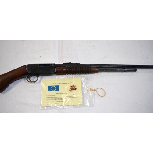 506 - A deactivated Belgian pump action .22 rifle, barrel length 21'. Serial no 63217, with deactivation c... 