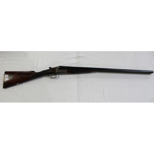 380 - A W Richards 12 gauge side lock side by side double barrel shot gun. Double trigger, non ejector. Se... 