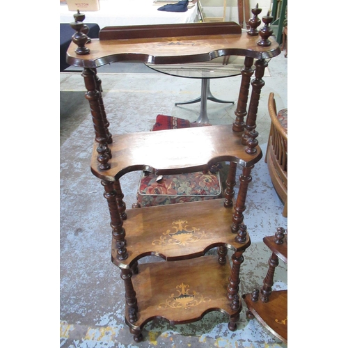 405 - Victorian inlaid walnut four tier what-not, on turned supports W50cm D33cm H126cm and a similar smal... 