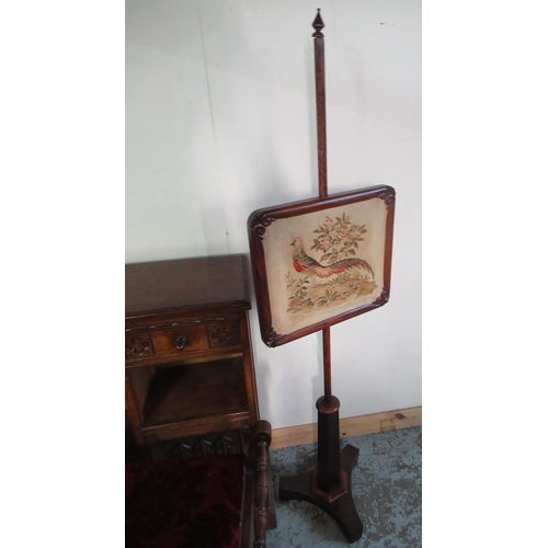 410 - Victorian pole screen, banner with woolwork study of a pheasant, Edwardian piano stool and similar c... 