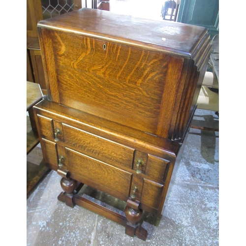 701 - 1930s Oak full front bureau above two drawers trestle base with bulbous supports(69cm x 42.5cm x app... 