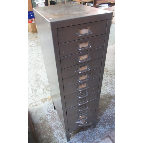 704 - Bisley style 12 drawer painted steel office filling cabinet containing drill bits, screws, etc, earl... 