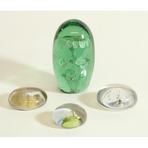 609 - C19th End of Day green glass dump paperweight with foil flower inclusion, and three Edwardian touris... 