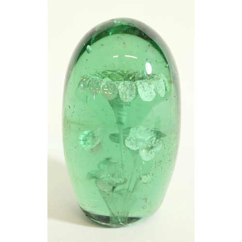 609 - C19th End of Day green glass dump paperweight with foil flower inclusion, and three Edwardian touris... 